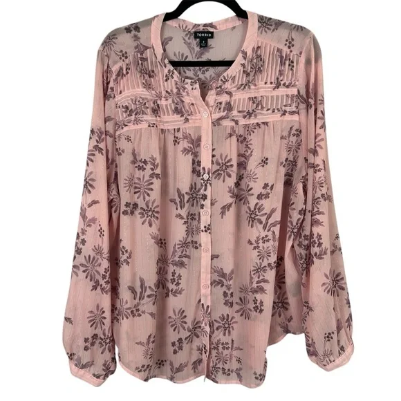 Torrid Crinkle Chiffon Pink Peasant Lurex Sheered Long Sleeve Blouse Size 1 - Picture 2 of 11